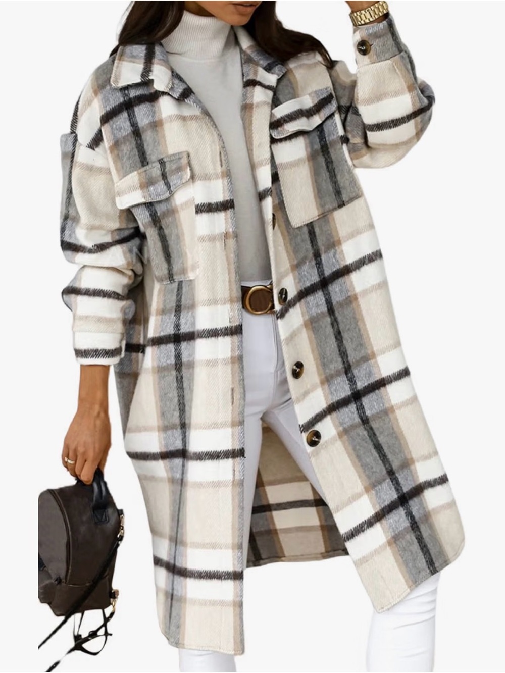 Neutral Plaid Long Trench Coat - Cream & Gray